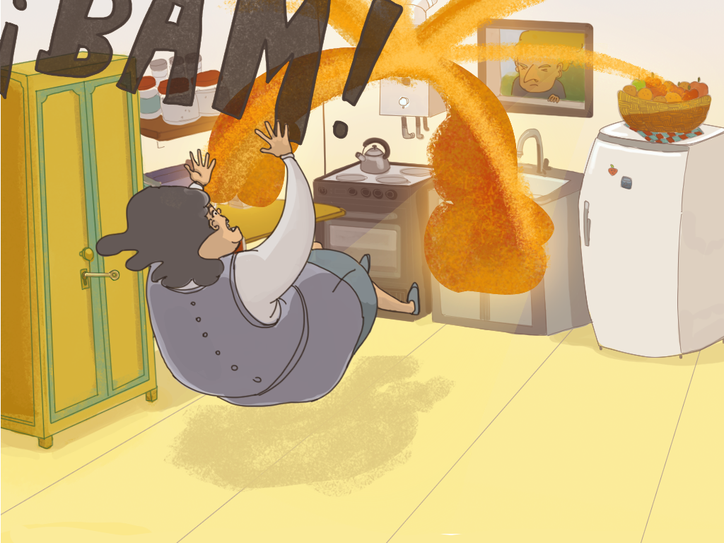 En la cocina, Domitila salta hacia atrás por la explosión del califont