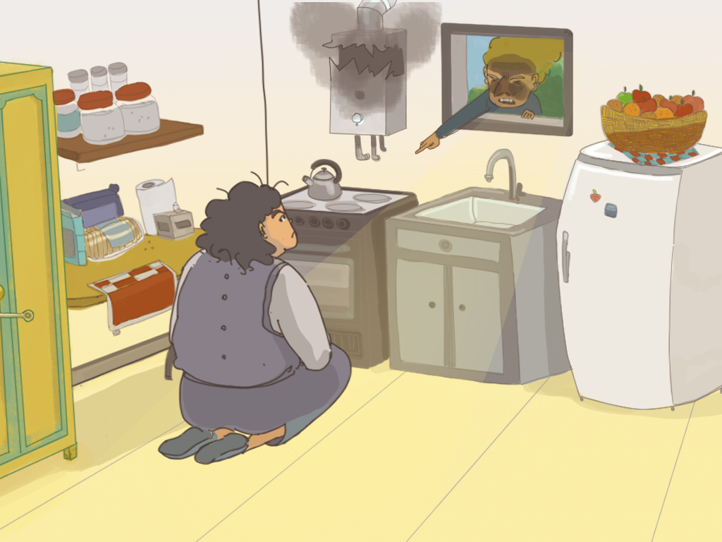 La vecina se asoma por la ventana de la cocina con la cara manchada por la explosión.