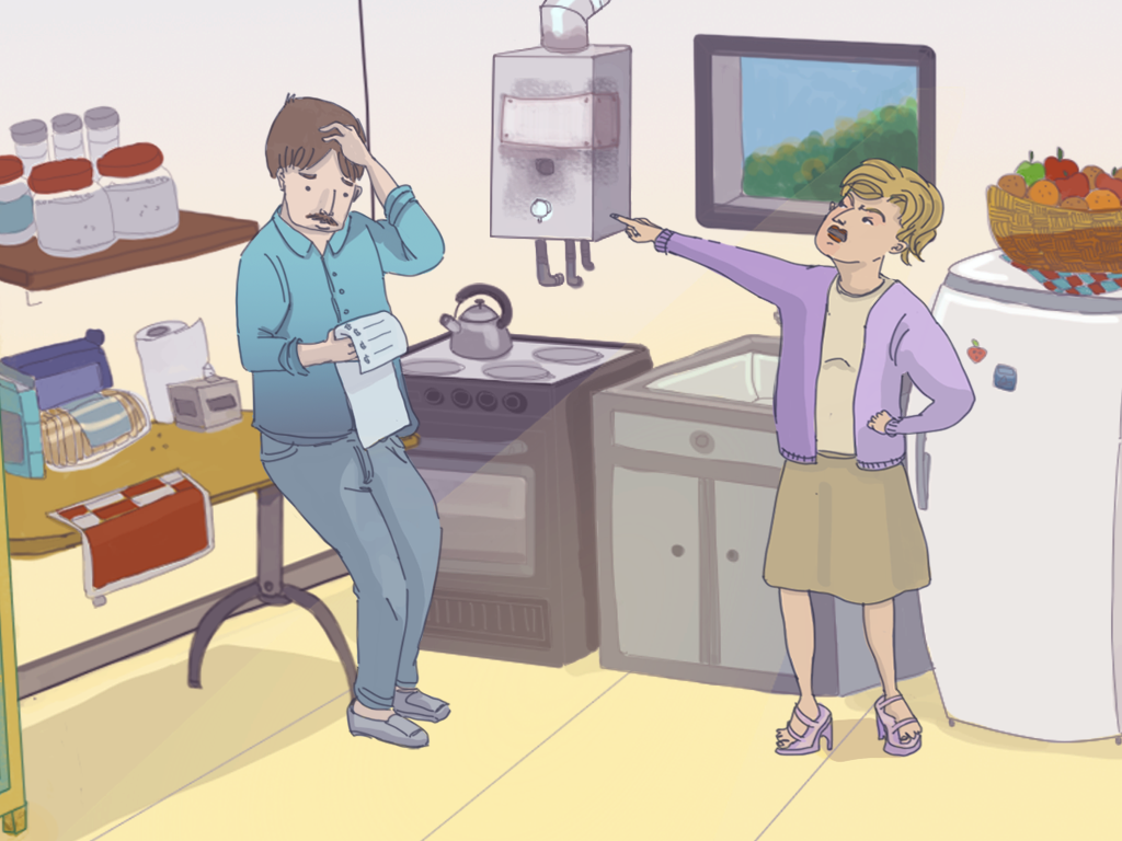 Los papás de Papelucho discuten en la cocina con la boleta en la mano e indicando el califont