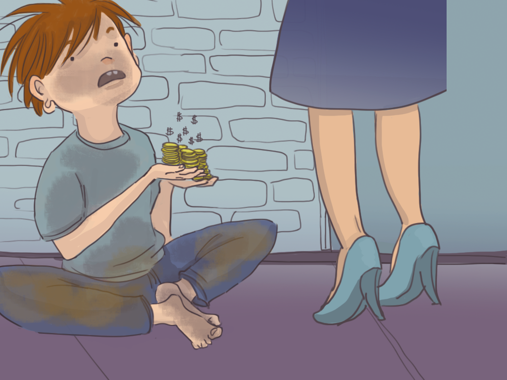 Papelucho está sentado en la calle, con las manos llenas de monedas frente a una señora