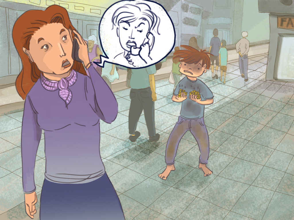 La tía Pepa habla con la mamá de Papelucho desde su teléfono. Papelucho la mira preocupado