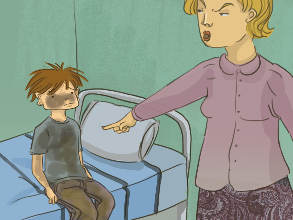 La mamá reta a Papelucho que está sentado sobre su cama.