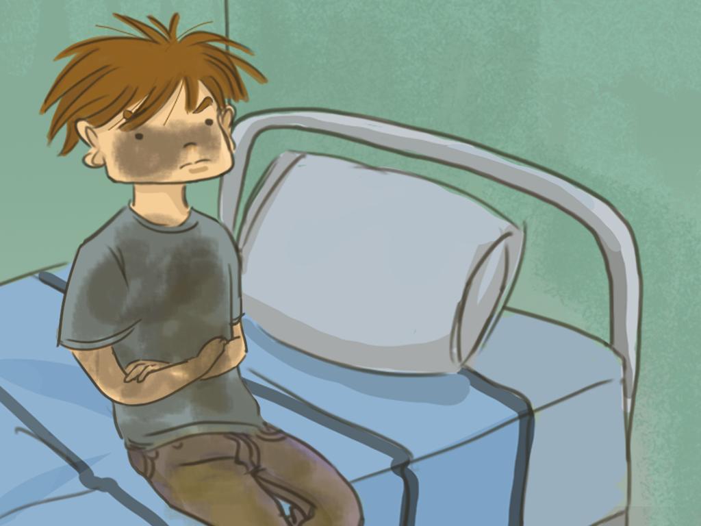 Papelucho está sobre su cama, con los brazos cruzados, muy enojado