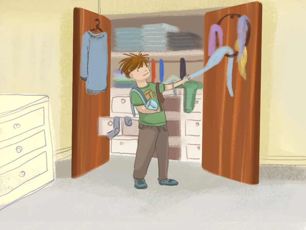 Papelucho saca corbatas de su padre y otras cosas del armario.