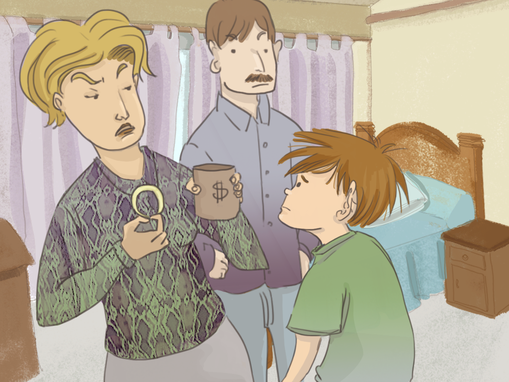 Papelucho y sus papás lo miran enojados, mientras que la mama sujetá un vaso con dinero y un aro grande.