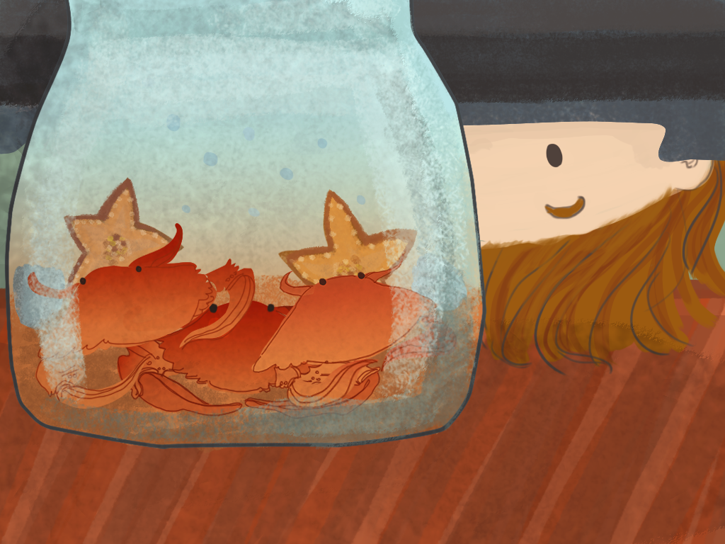 Papelucho en su pieza, mira debajo de su cama un frasco con pequeñas jaibas.