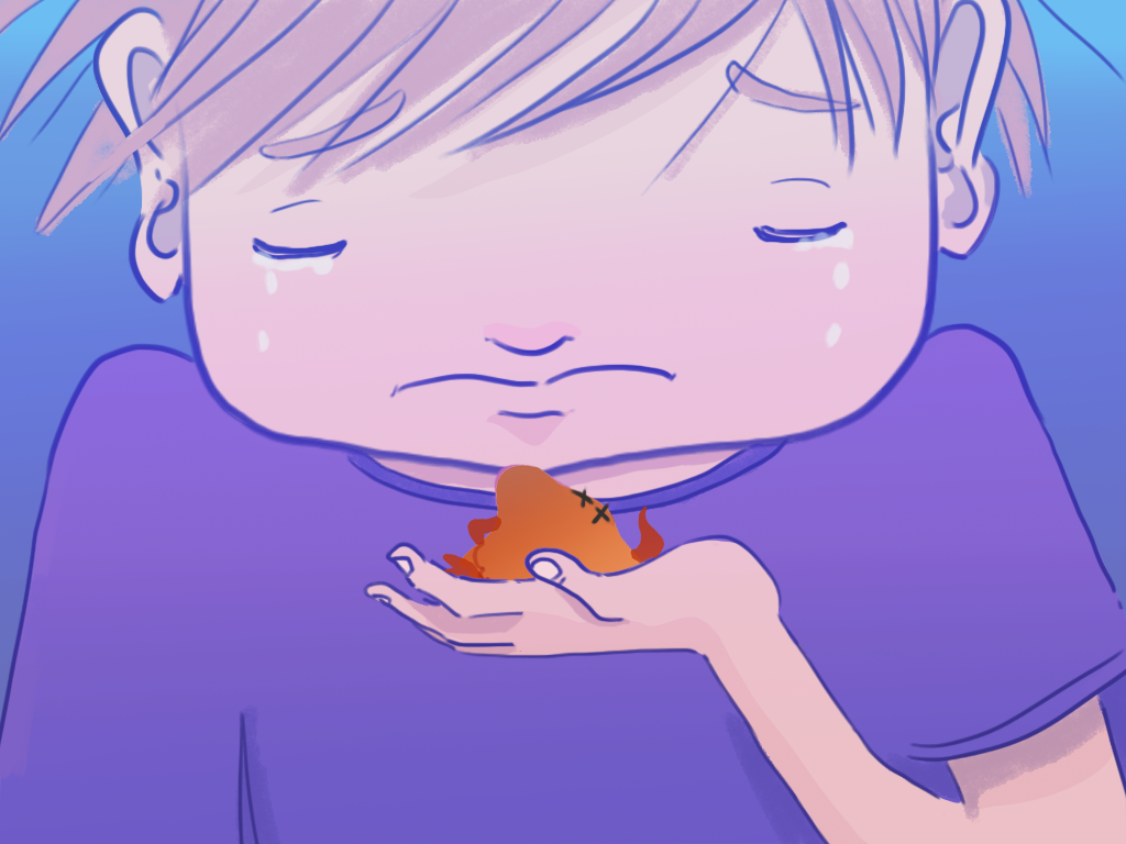 Papelucho tiene en la palma de su mano una jaiba muerta. Está triste.