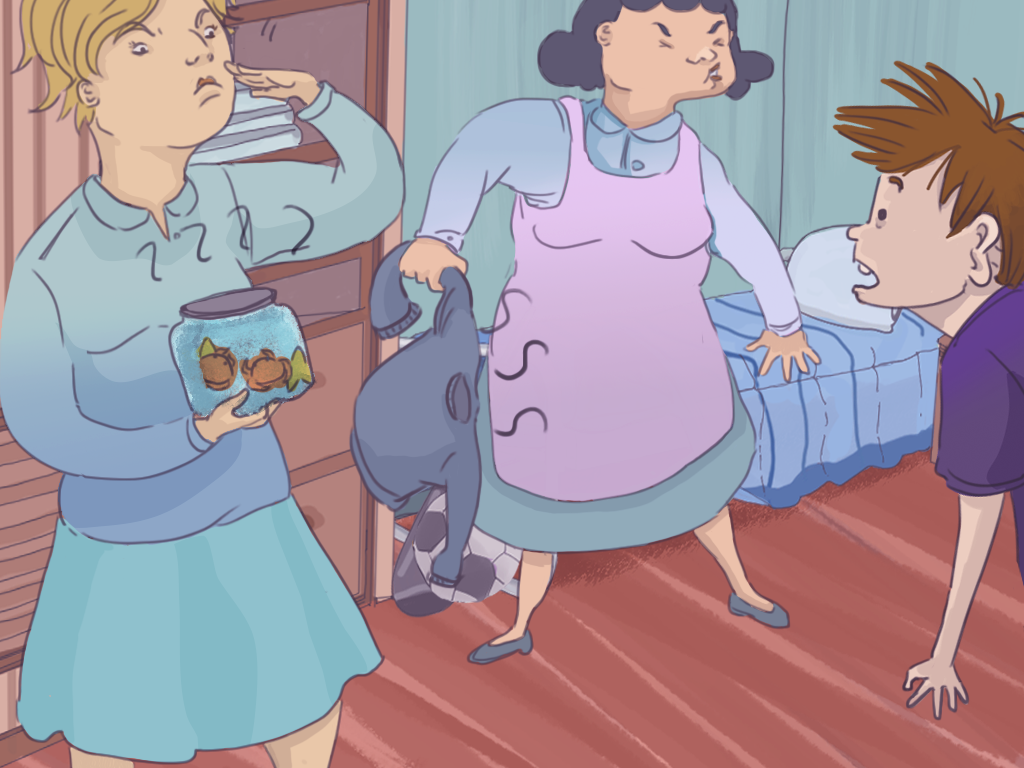 La mamá tiene el frasco de jaibas y Domitila un chaleco. Ambas hacen gestos de mal olor. Papelucho las mira sorprendido