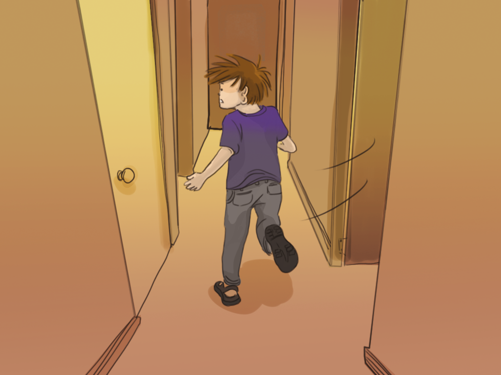 Papelucho corre, saliendo de su pieza, por el pasillo