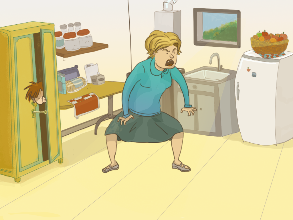 En la cocina, la mama grita buscando a Papelucho. Él está escondido dentro de un mueble