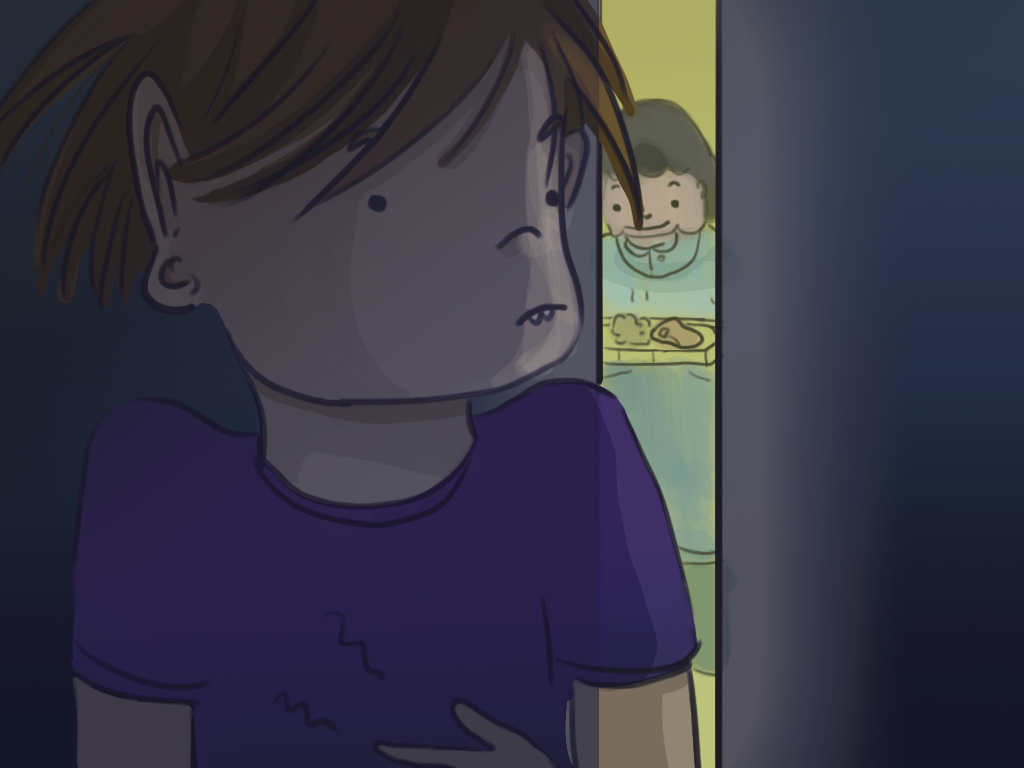 Desde dentro del mueble, Papelucho mira en silencio lo que pasa en la cocina.