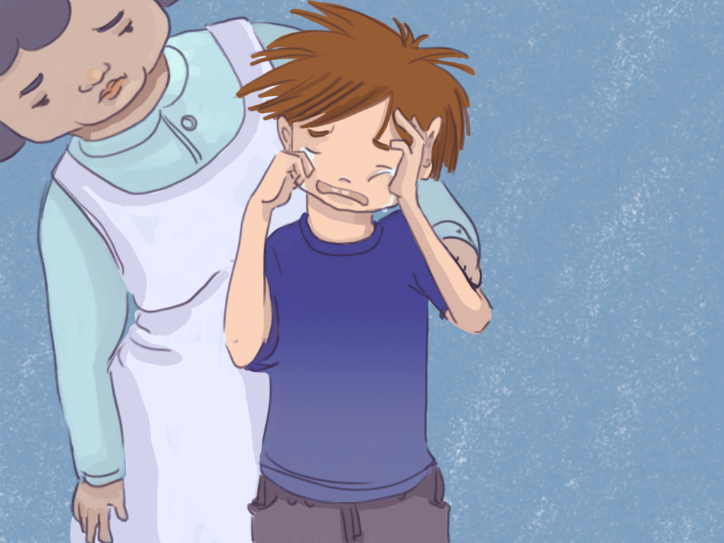 Papelucho llora triste mientras Domilita lo consuela