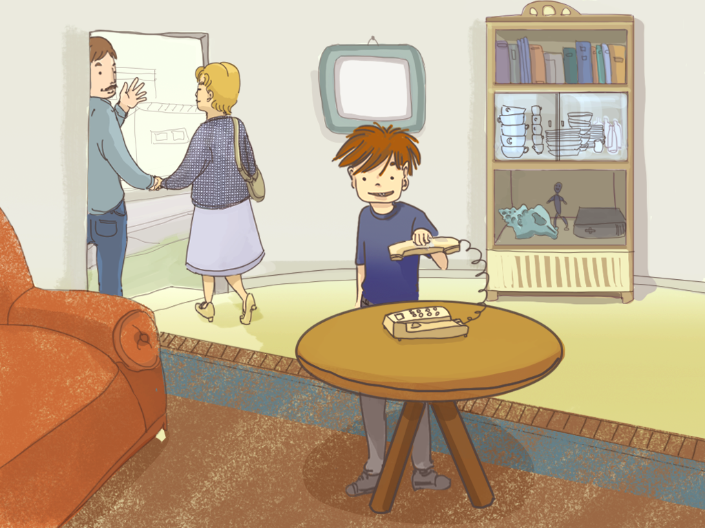 Papelucho en el living de la casa, cuelga el teléfono, mientras sus papas salen.