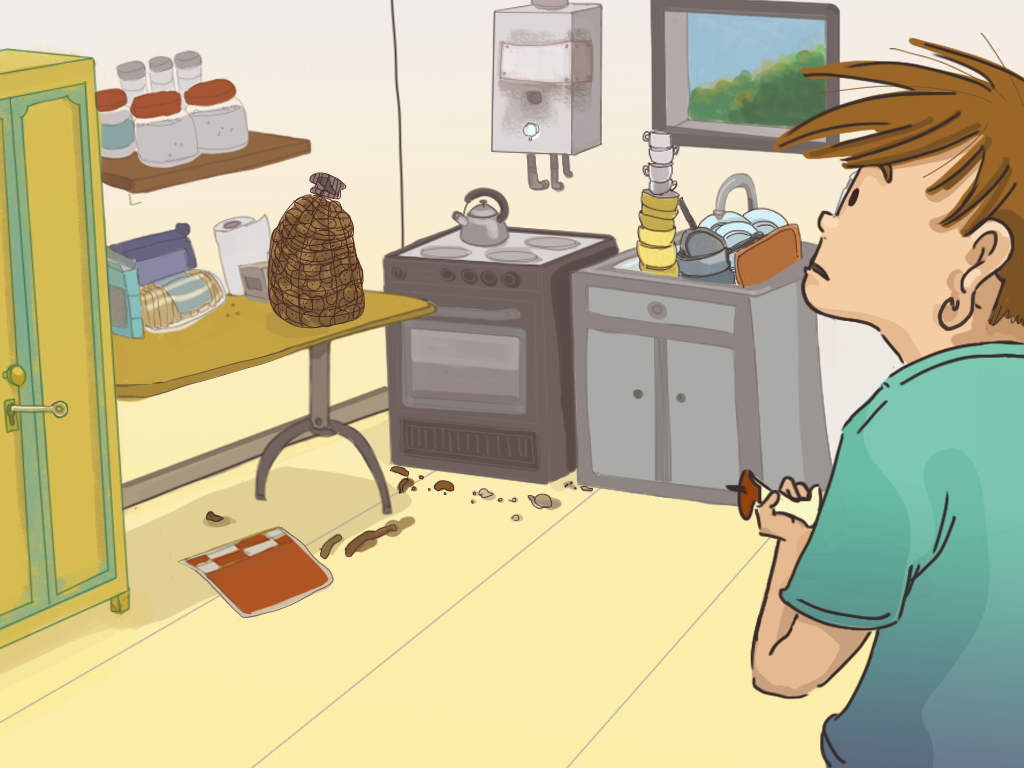Papelucho mira la cocina y no ve a nadie. Sólo hay un saco de papas y un montón de loza sucia