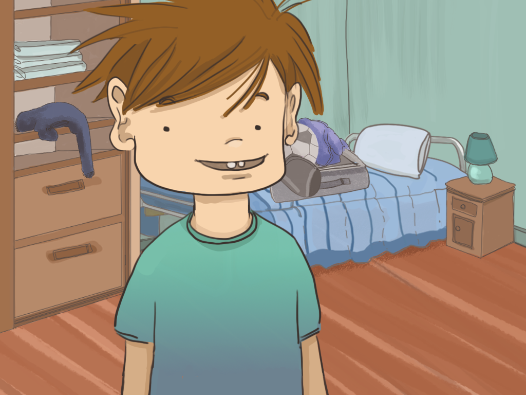 Papelucho está feliz en su pieza