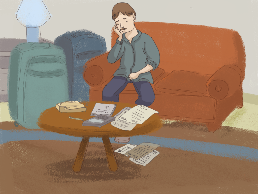 El papa de Papelucho está sentado en el living mirando las cuentas y trabajando con una calculadora