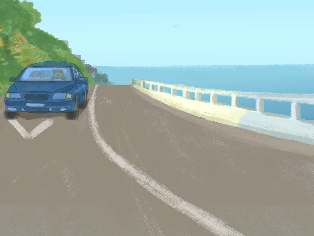 En la carretera se ve el auto familiar alejandose de la playa.